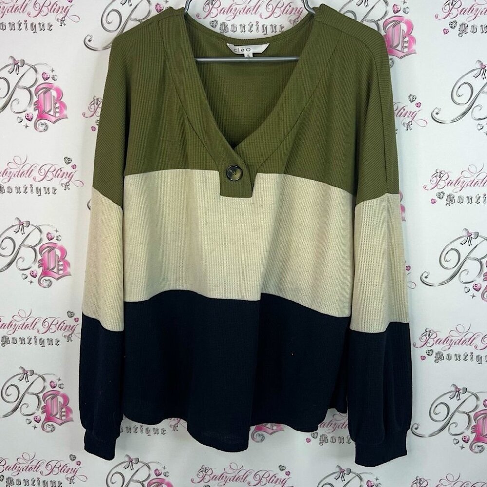Cleo Olive waffle Knit Top long sleeves striped thermal stripes thermals
